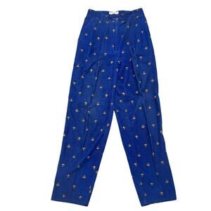 Vintage Picone Sport Pant Womens 8 Blue Corduroy Fleur-de-lis Pleated High Rise
